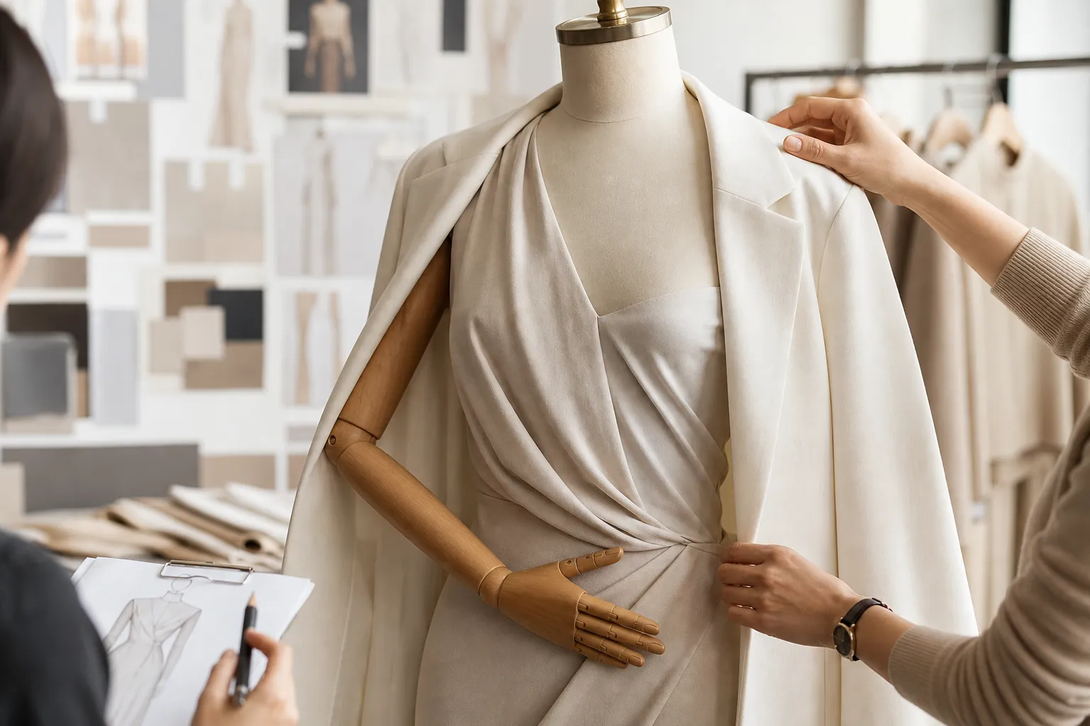 Close-up check of garment drape and body balance on a custom mannequin pose sample