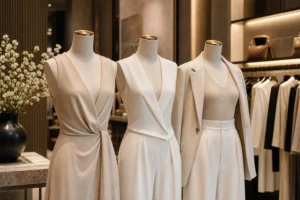 Headless fabric covered mannequins styled in a premium boutique fashion display