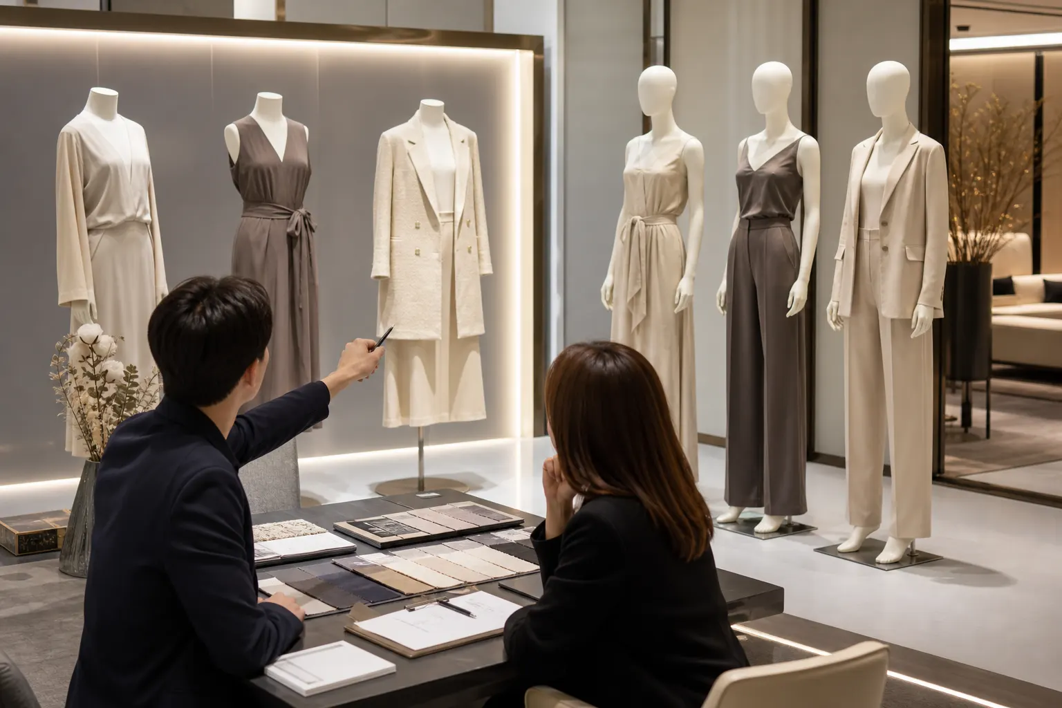 Merchandising review comparing headless and more figurative mannequin styles in a showroom