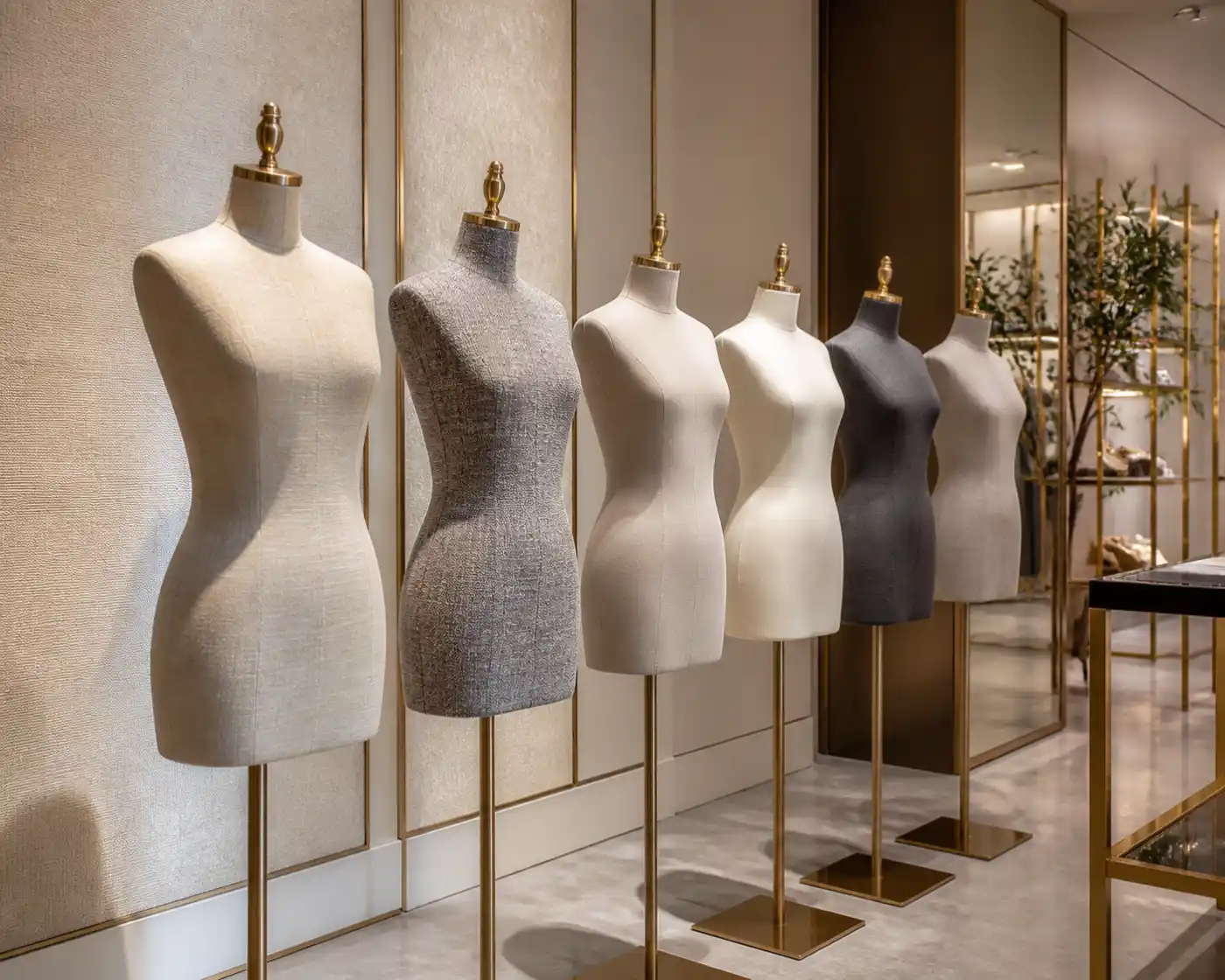 Lineup of fabric covered mannequins with different surface textures in a luxury boutique showroom