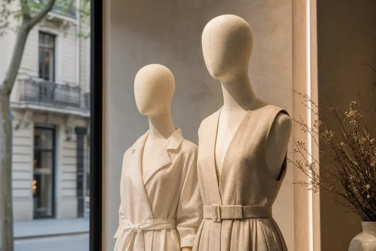 Fabric covered mannequins styled for a luxury boutique window display
