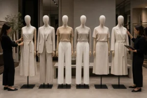 Lineup of mannequins reviewed for finish consistency in a retail rollout setting