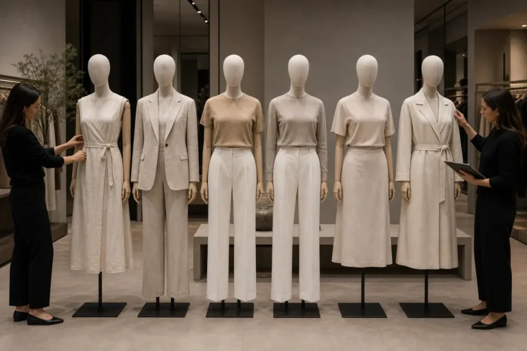 Lineup of mannequins reviewed for finish consistency in a retail rollout setting