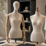 Custom fabric covered mannequins in a boutique planning studio for proportion review