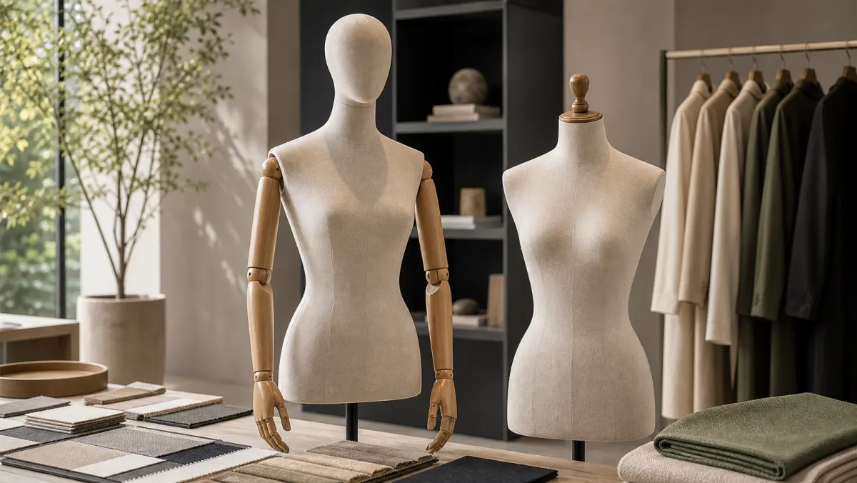 Maniquíes personalizados recubierto de tela en un estudio de diseño de boutiques para la revisión de proporciones