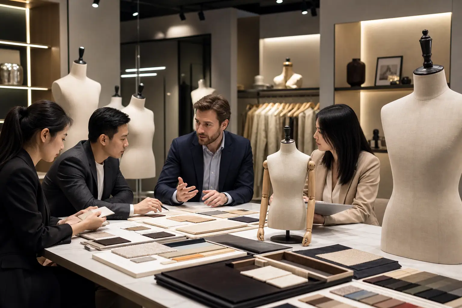 Buyer team discussing finish boards beside custom fabric mannequin samples