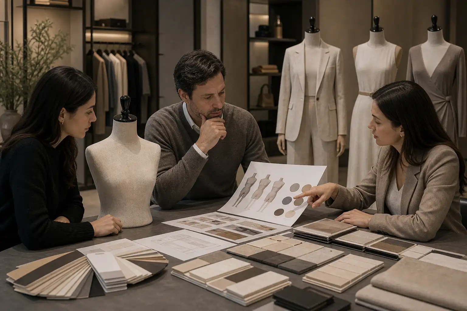 Retail planning team reviewing mannequin finish approval documents and samples