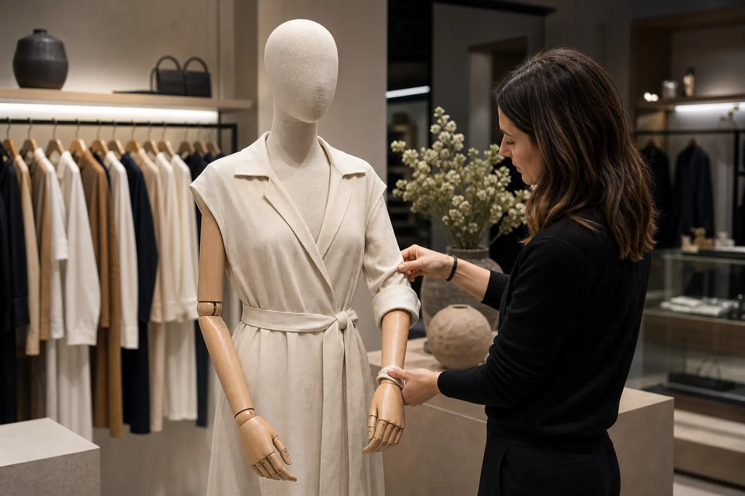 Visual merchandiser adjusting a sleeve on a wooden arm mannequin in a boutique setting