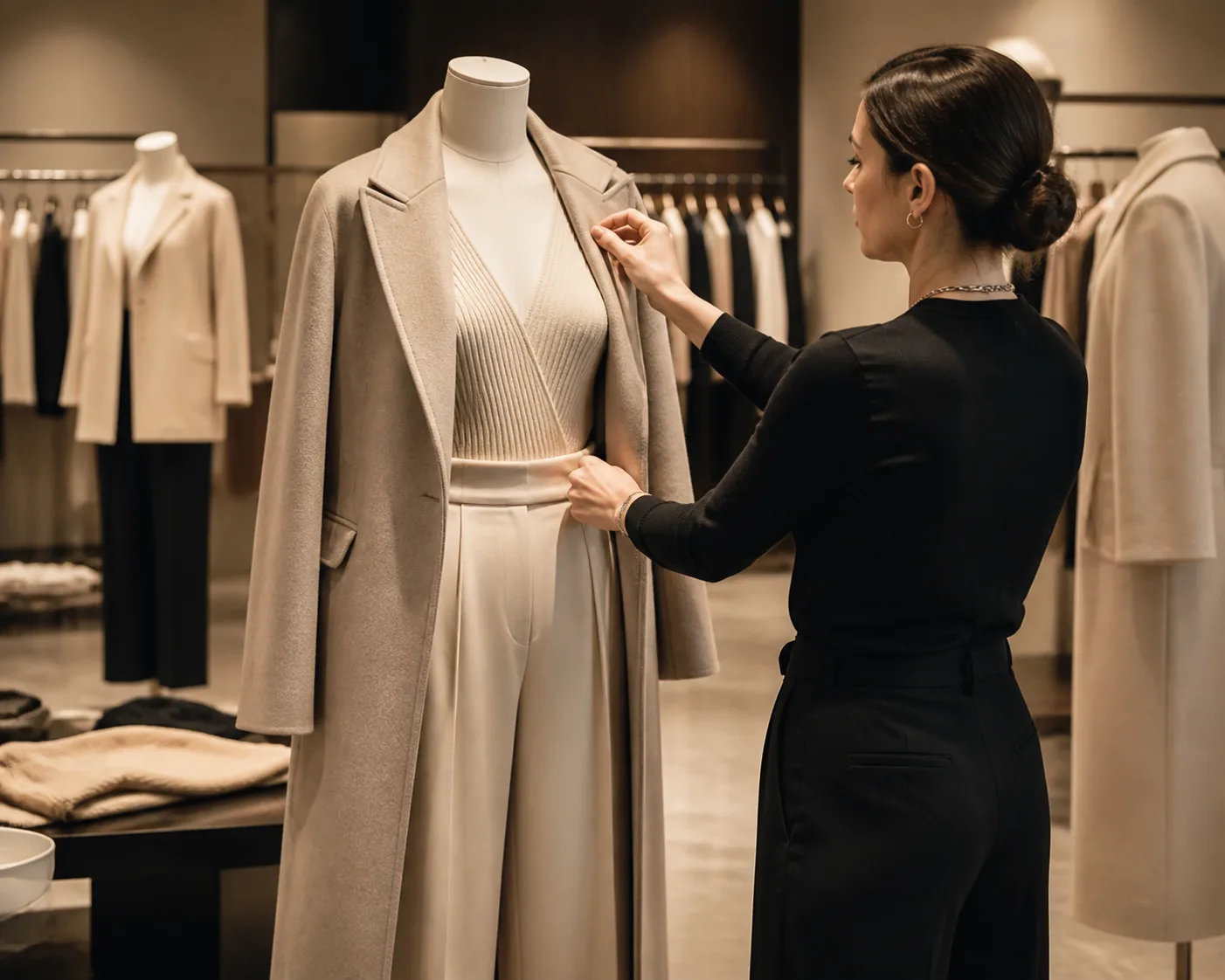 Stylist dressing a headless mannequin while reviewing garment silhouette in a boutique setting