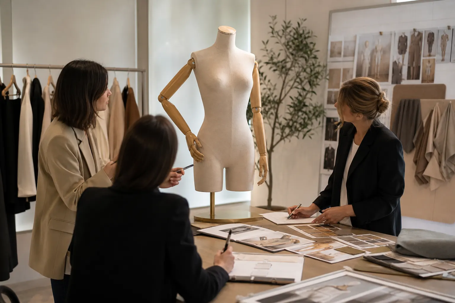 Retail team marking pose review notes beside a custom mannequin sample in a showroom