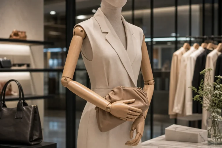 Articulated wooden arm mannequin posed in a premium boutique quality review setup