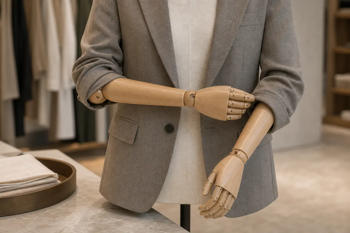 Vista cercana de un brazo de madera articulado de un maniquí recubierto de tela que posiciona la manga de una chaqueta