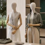 Articulated wooden arm mannequins styling layered boutique outfits