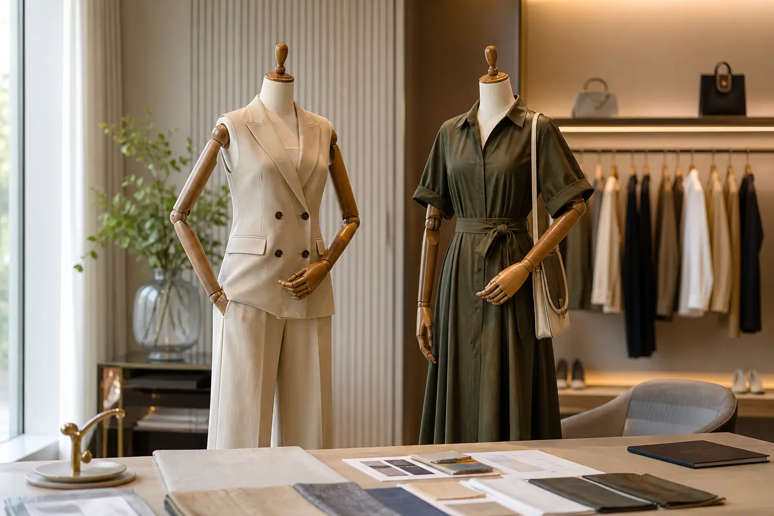 مانيكانان بأذرع خشبية مرتبان لأسلوبي styling مختلفين في بوتيك