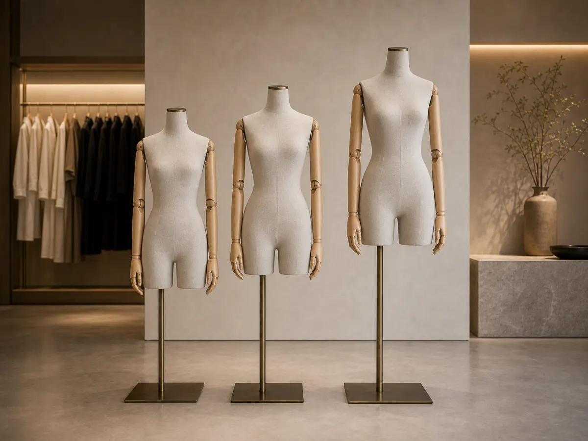 Premium fabric covered mannequins in varied boutique display proportions