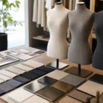 Material board with fabric covered mannequin samples for retail approval