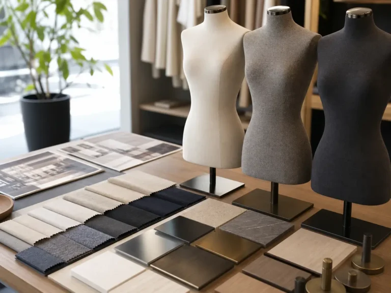 Material board with fabric covered mannequin samples for retail approval