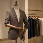 Boutique display image of a fabric covered mannequin with articulated wooden arms
