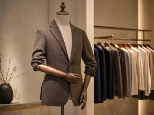 Boutique display image of a fabric covered mannequin with articulated wooden arms