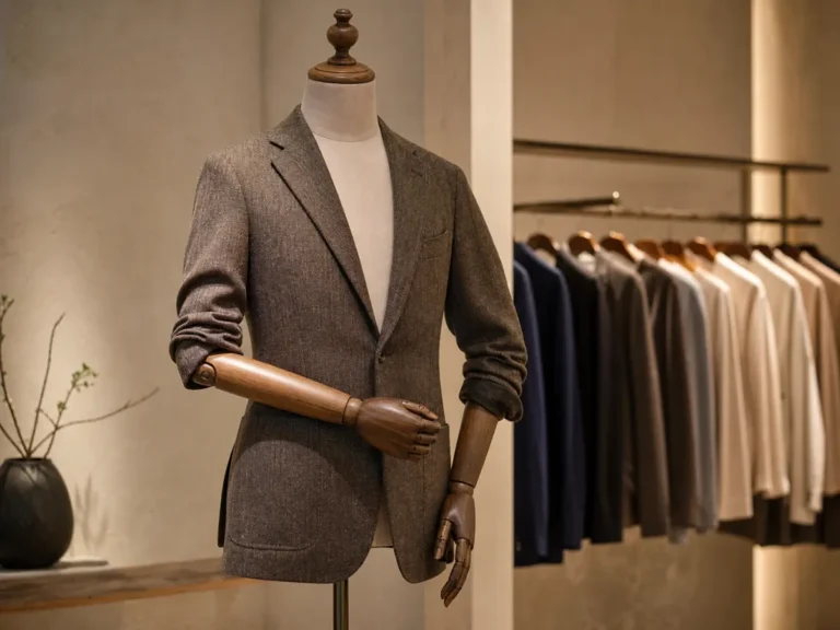 Boutique display image of a fabric covered mannequin with articulated wooden arms
