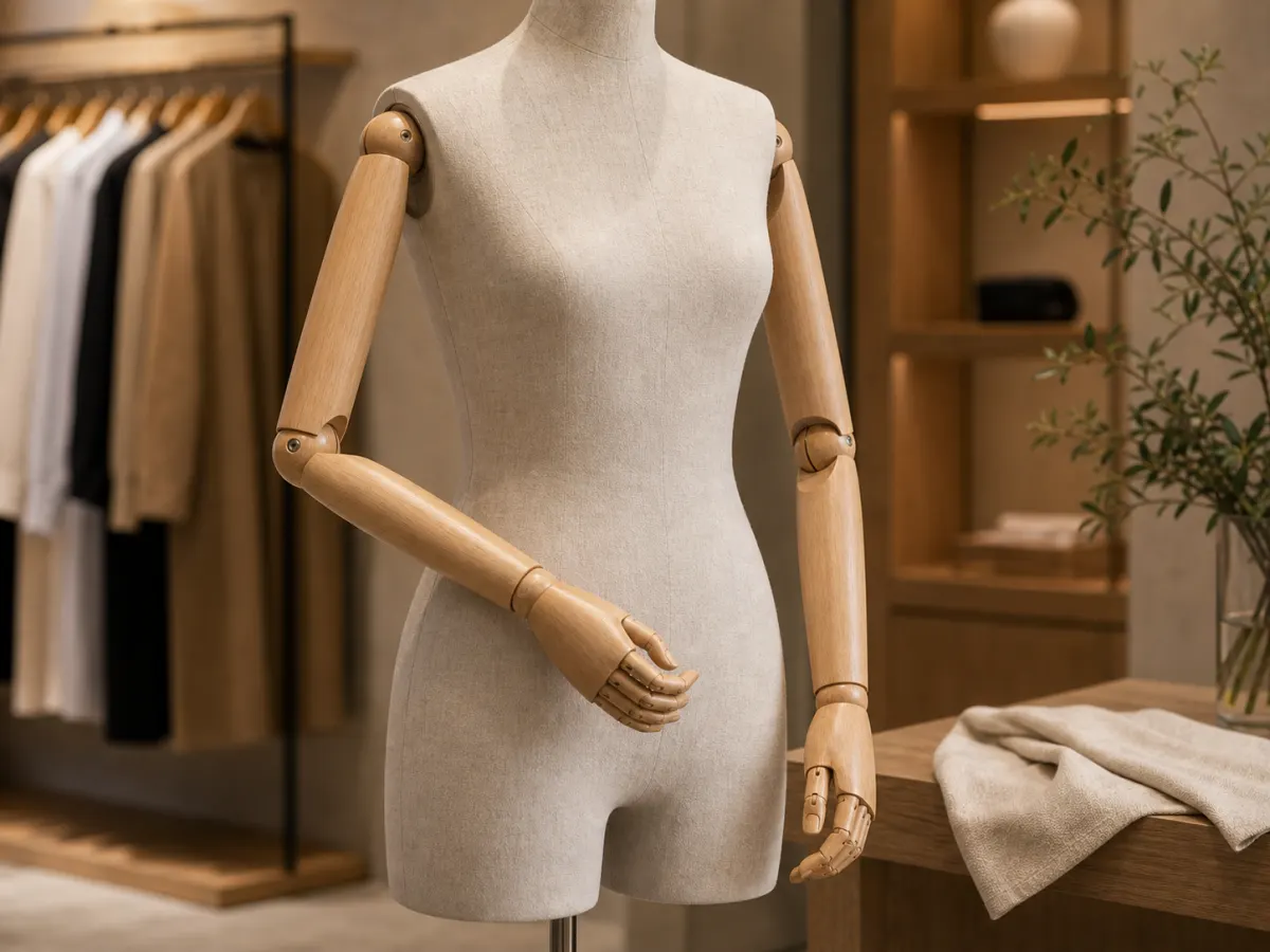 Close-up of articulated wooden mannequin arm joint care