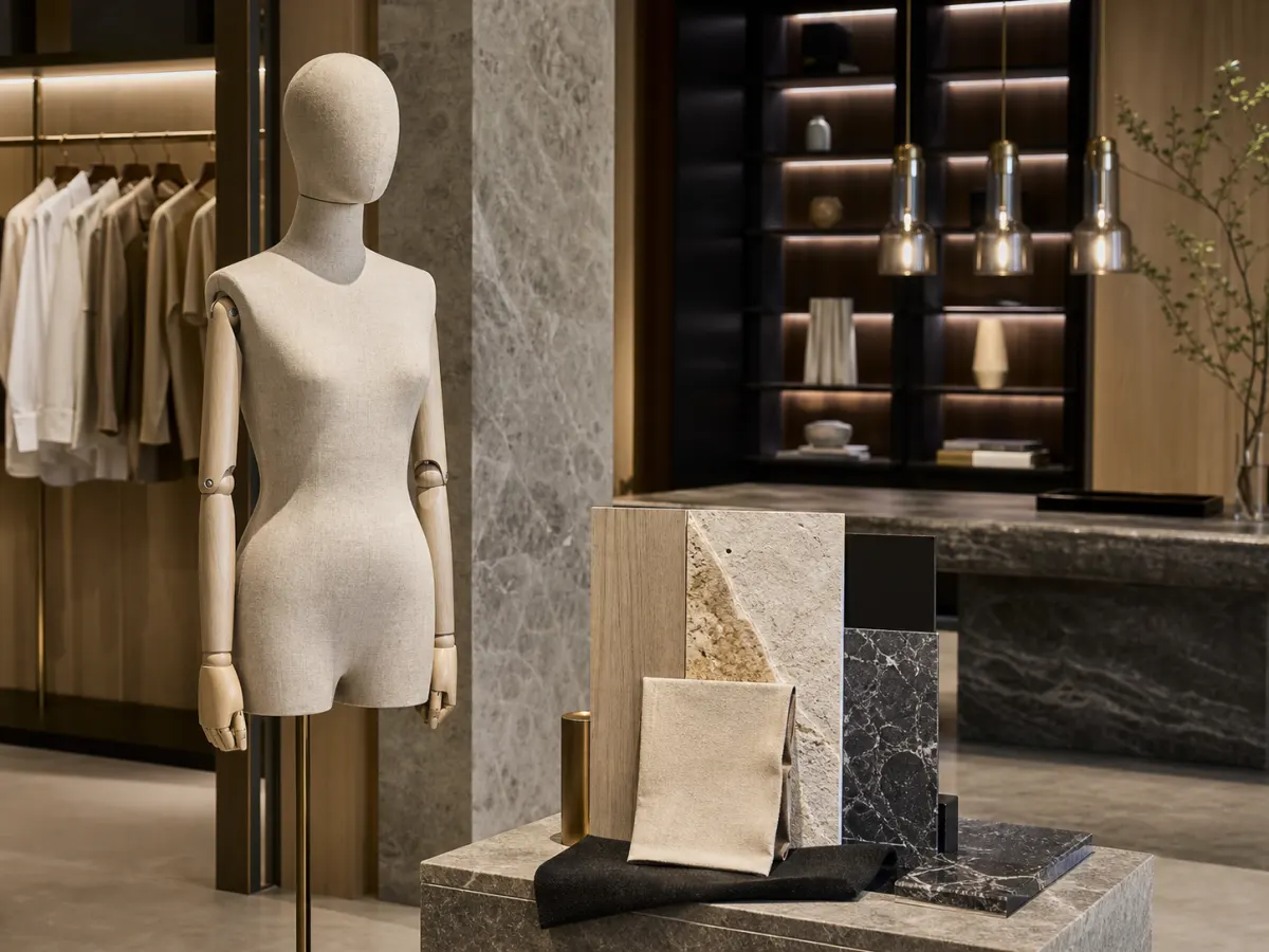 Showroom mockup with mannequin finish coordinated to boutique materials