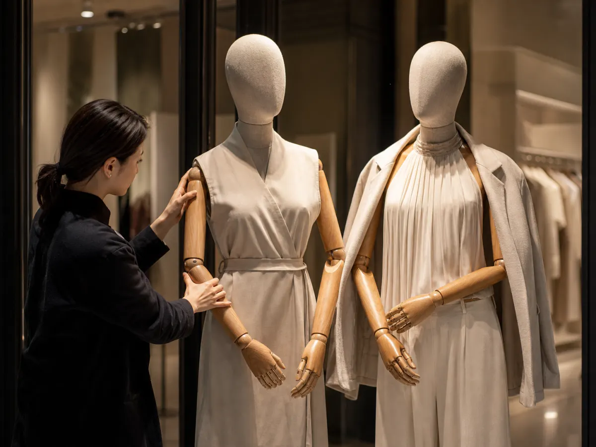 Boutique reset scene with wooden arm mannequins being repositioned