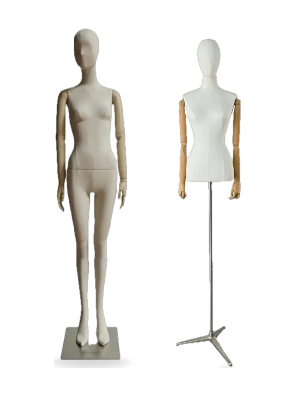 xintu female mannequins wrapped in beige linen fabric with adjustable wooden arms and metal base for women’s fashion display
