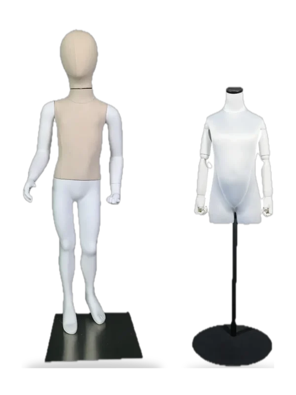 xintu kids mannequins wrapped in beige linen fabric with adjustable wooden arms and metal base for children’s fashion display