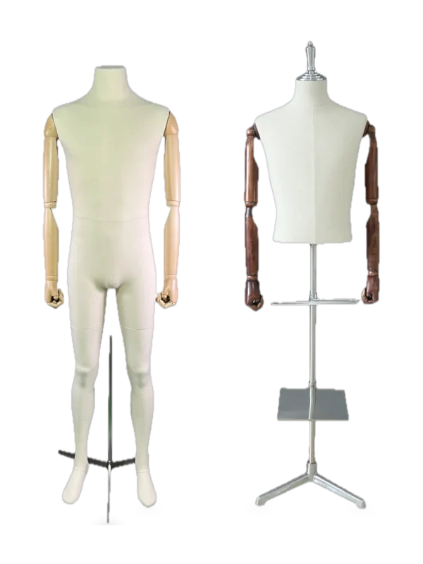 xintu male mannequins wrapped in beige linen fabric with adjustable wooden arms and stainless steel base for men’s fashion display