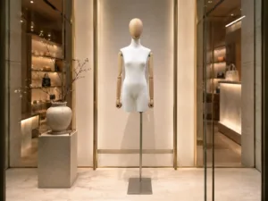 Fabric mannequin with wooden arms displaying a tailored dress in a luxury fashion retail setting