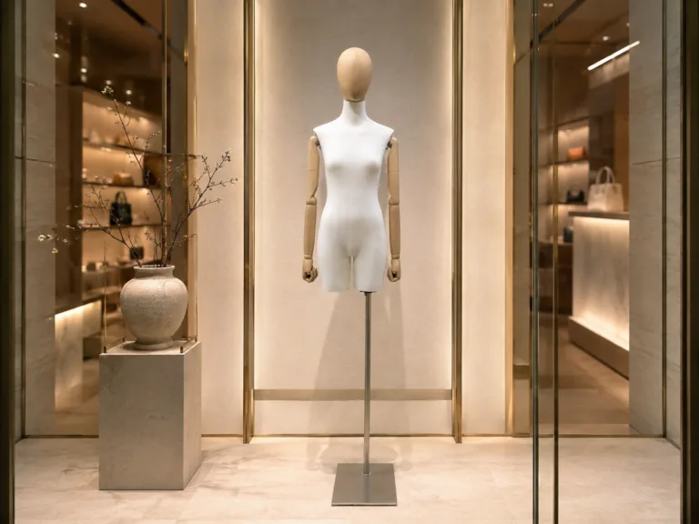 Fabric mannequin with wooden arms displaying a tailored dress in a luxury fashion retail setting