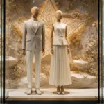 Dois manequins revestidos de tecido, com cabeças de madeira e braços de madeira articulados, em uma vitrine de boutique de luxo, em tom bege quente