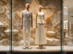 Dois manequins revestidos de tecido, com cabeças de madeira e braços de madeira articulados, em uma vitrine de boutique de luxo, em tom bege quente