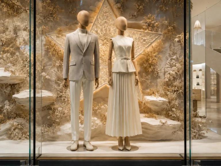 Dos maniquíes recubierto de tela con cabezas de madera y brazos de madera articulados, en un escaparate de boutique de lujo en tono beige cálido