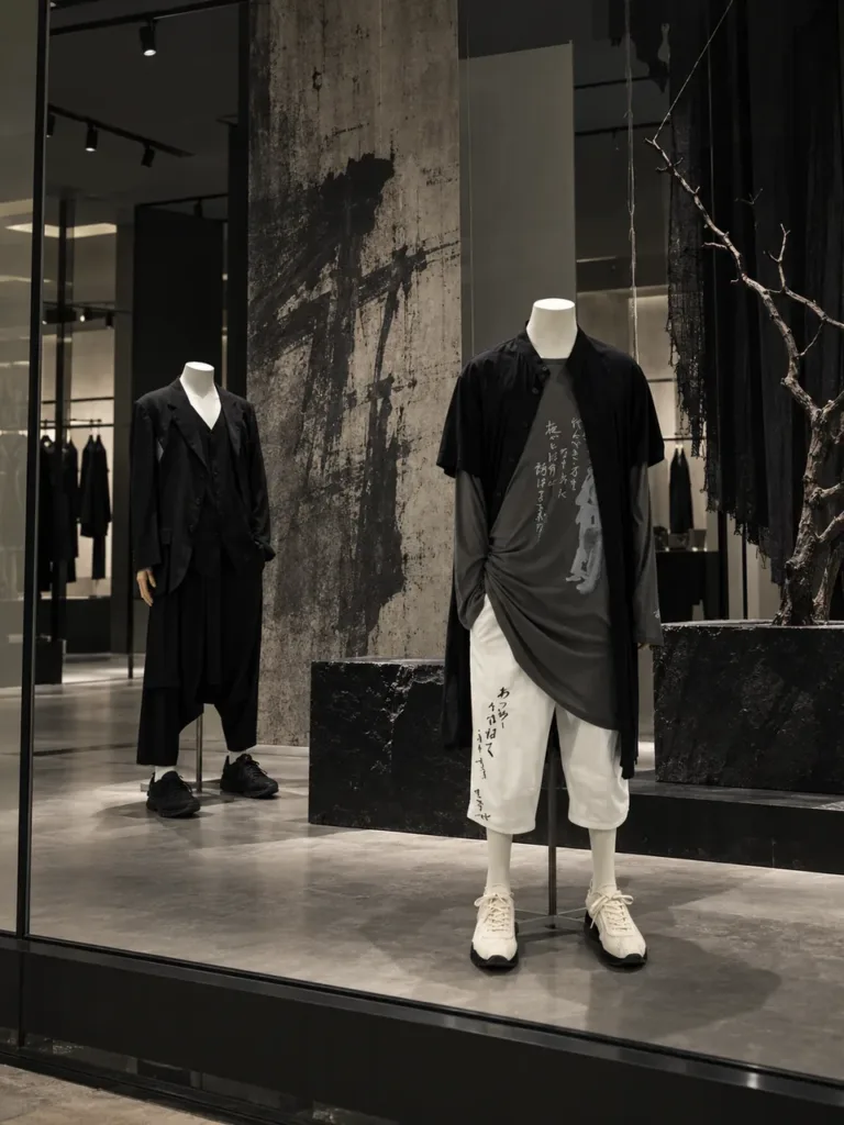 Vitrine du magasin Yohji Yamamoto avec deux mannequins XINTU en pied sans tête habillés de silhouettes superposées noires et grises